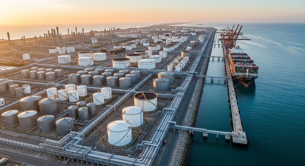 aerial view of a vast oil refinery and port with container ship